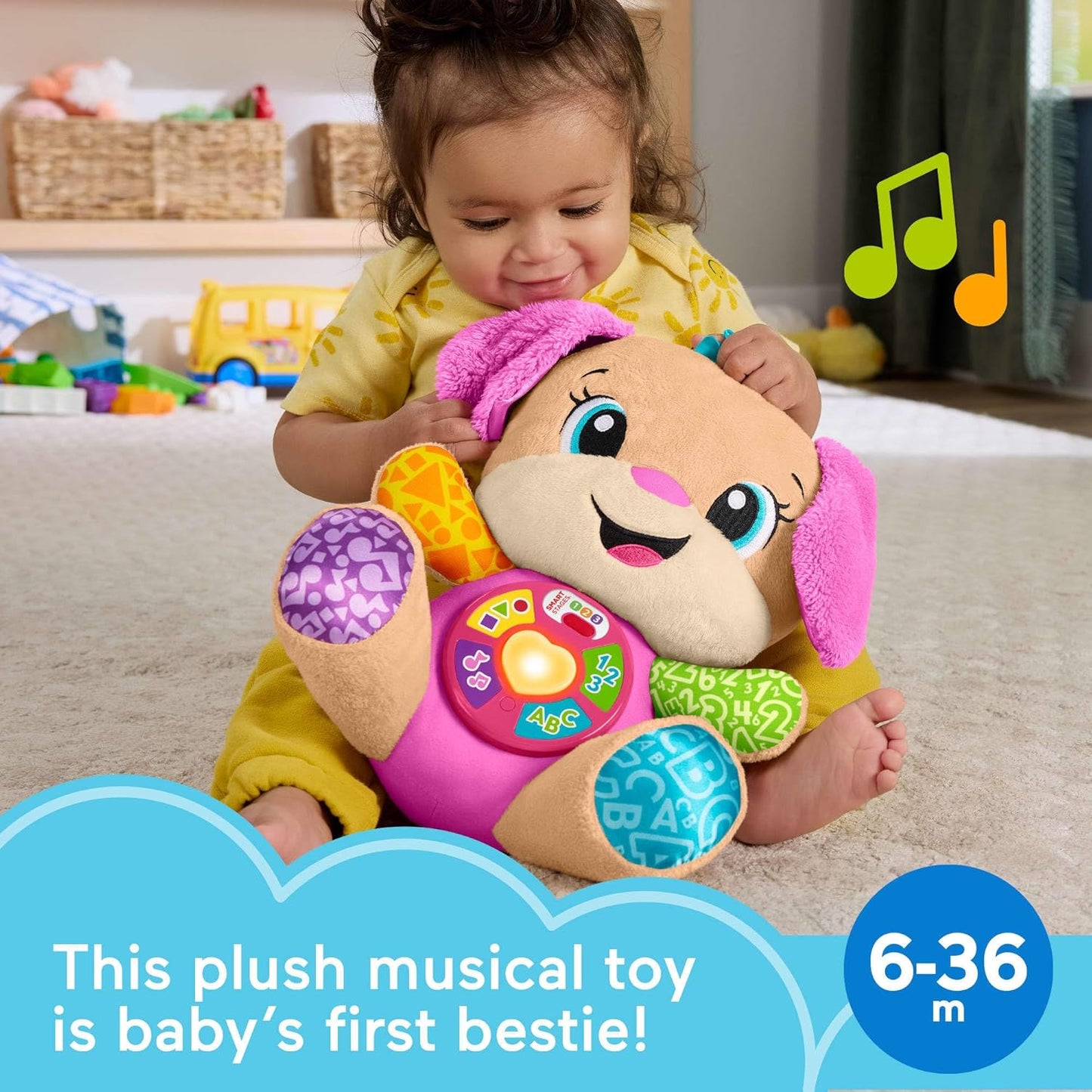 Fisher-Price Baby Learning Toy Laugh & Learn Smart Stages Sis Pink Musical Plush with Smart Stages for Infants Ages 6+ Months, Multilanguage Version