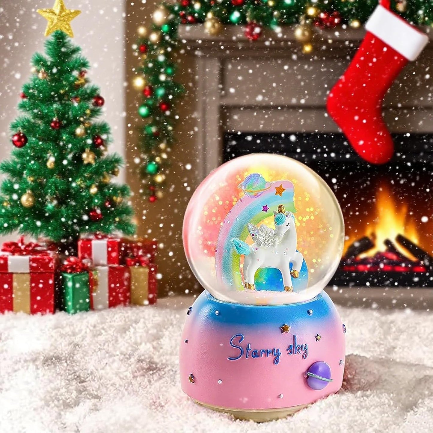 Unicorn Music Snowball, 80MM Snow Globes for Girls Music Box, with LED Rainbow Snow Lights, Birthday, Christmas, Ideal Gift for Girls (Pink&Blue)