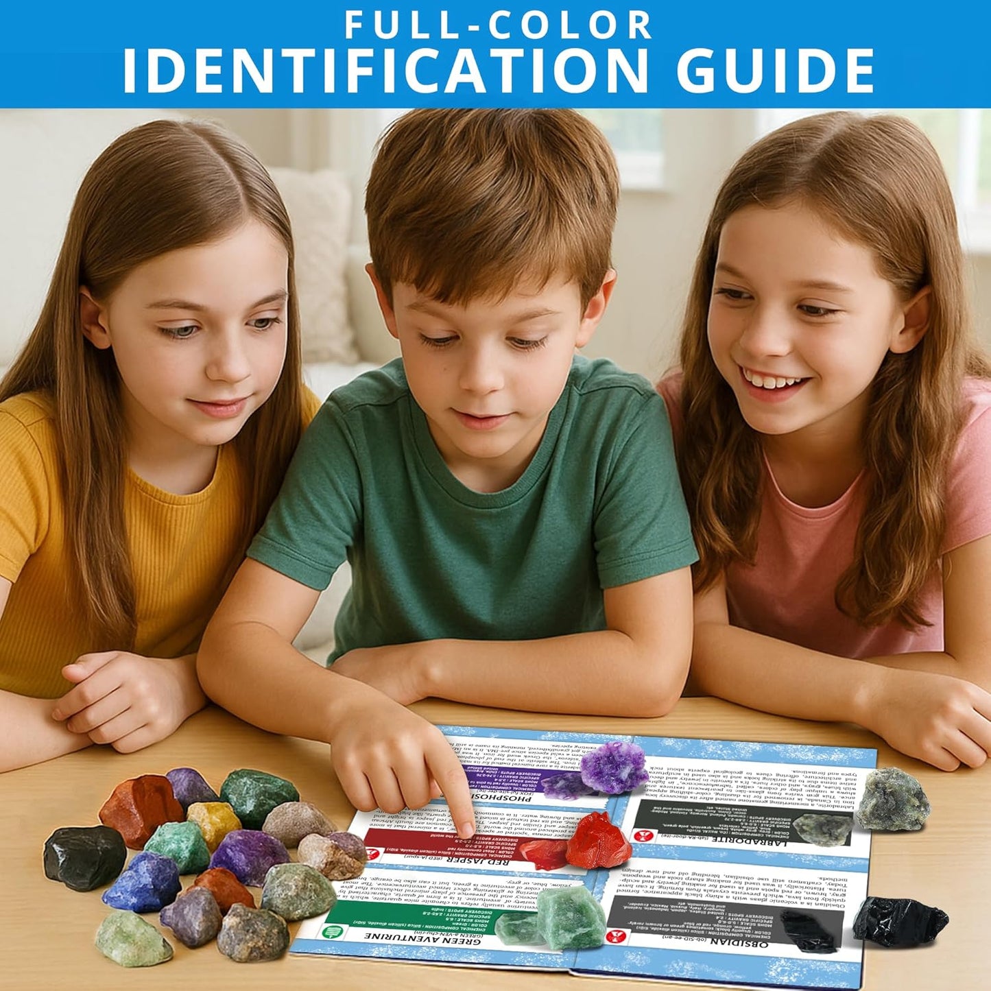 PIBEX Rock Collection Starter Kit - 54 Pcs Assorted Gemstones, Crystals, Rocks & Minerals, with Learning Book & ID Cards, Earth Science Kit Toy, A Geology Gift for Kids & Adults Ages 8+