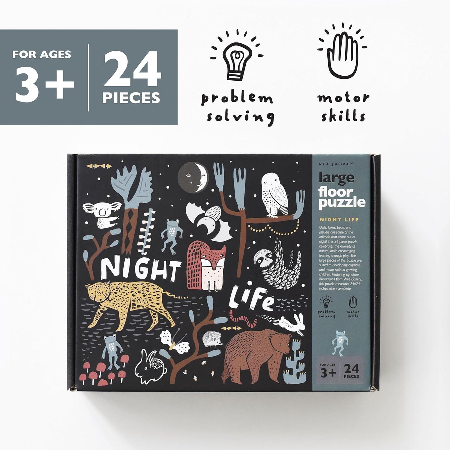 Wee Gallery Fine Motor Practice Bundle - Night Life Floor Puzzle, 24 Large Pieces, Durable Jumbo Jigsaw Floor Puzzles - Jungle Animals Lacing Cards for Toddlers, Sewing Board, Preschool Toys