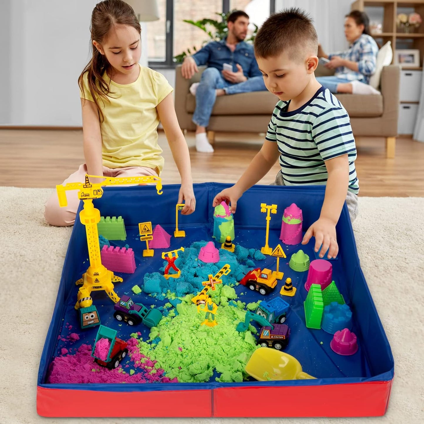 GarveeLife Kids Sand Kit, 43PCS Set w/Tools, 6 Construction Trucks & Castle Molds, Foldable Sand Box Storage Bin Tote, Toys for Boys Girls