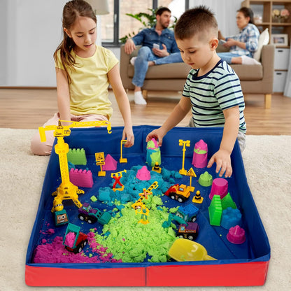GarveeLife Kids Sand Kit, 43PCS Set w/Tools, 6 Construction Trucks & Castle Molds, Foldable Sand Box Storage Bin Tote, Toys for Boys Girls