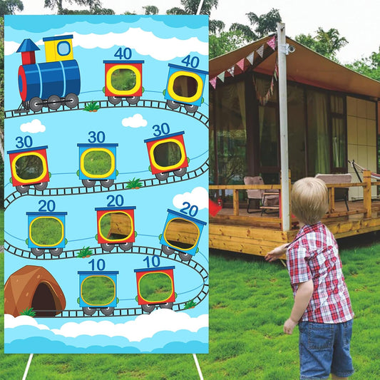 Steam Train Choo Two Toss Games Banner Backdrop Railroad Railway Transportation Rhyming Story Theme Decor Decorations for Indoor Outdoor Birthday Party Train Party Supplies