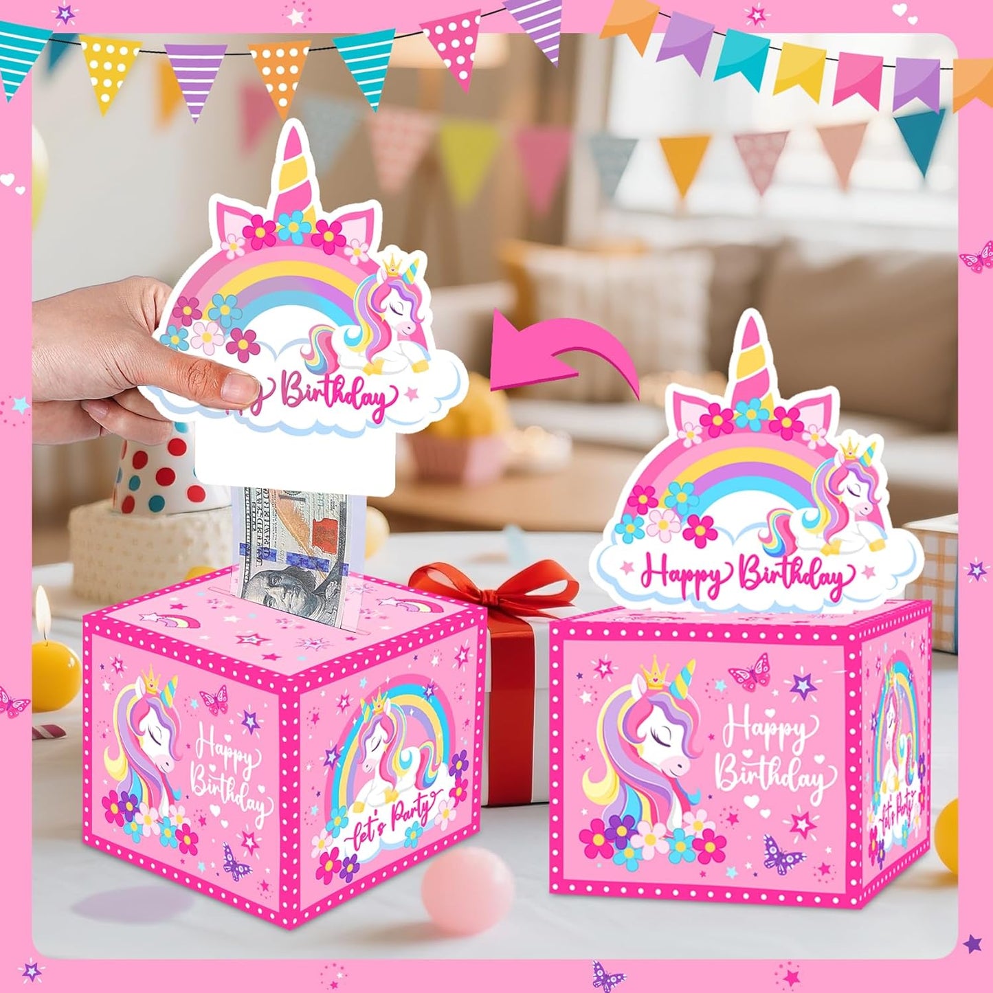 Birthday Money Box for Cash Gift Pull, Surprise Gift Boxes for Money, Money Holder Box with Pull Out Happy Birthday Card and 50Pcs Transparent Bags, Money Gift Ideas for Kids and Adults