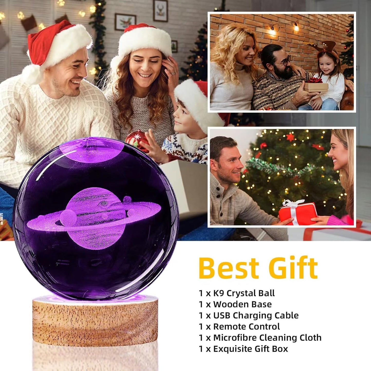3D Solar System Crystal Ball Night Light with 16 Color LED Wooden Base, Upgraded 3.15 Inch Galaxy Planets Glass Ball Lamps with Remote for Birthday Christmas, Astronomy Space Gifts for Boys Girls