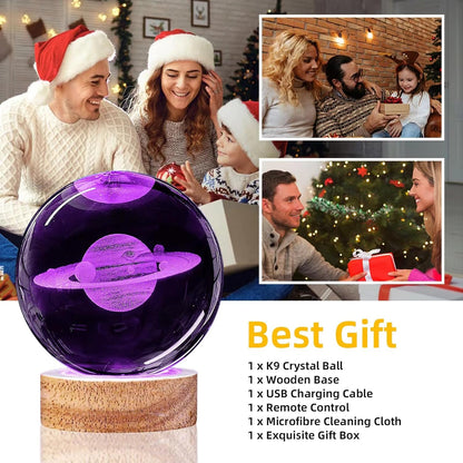 3D Solar System Crystal Ball Night Light with 16 Color LED Wooden Base, Upgraded 3.15 Inch Galaxy Planets Glass Ball Lamps with Remote for Birthday Christmas, Astronomy Space Gifts for Boys Girls