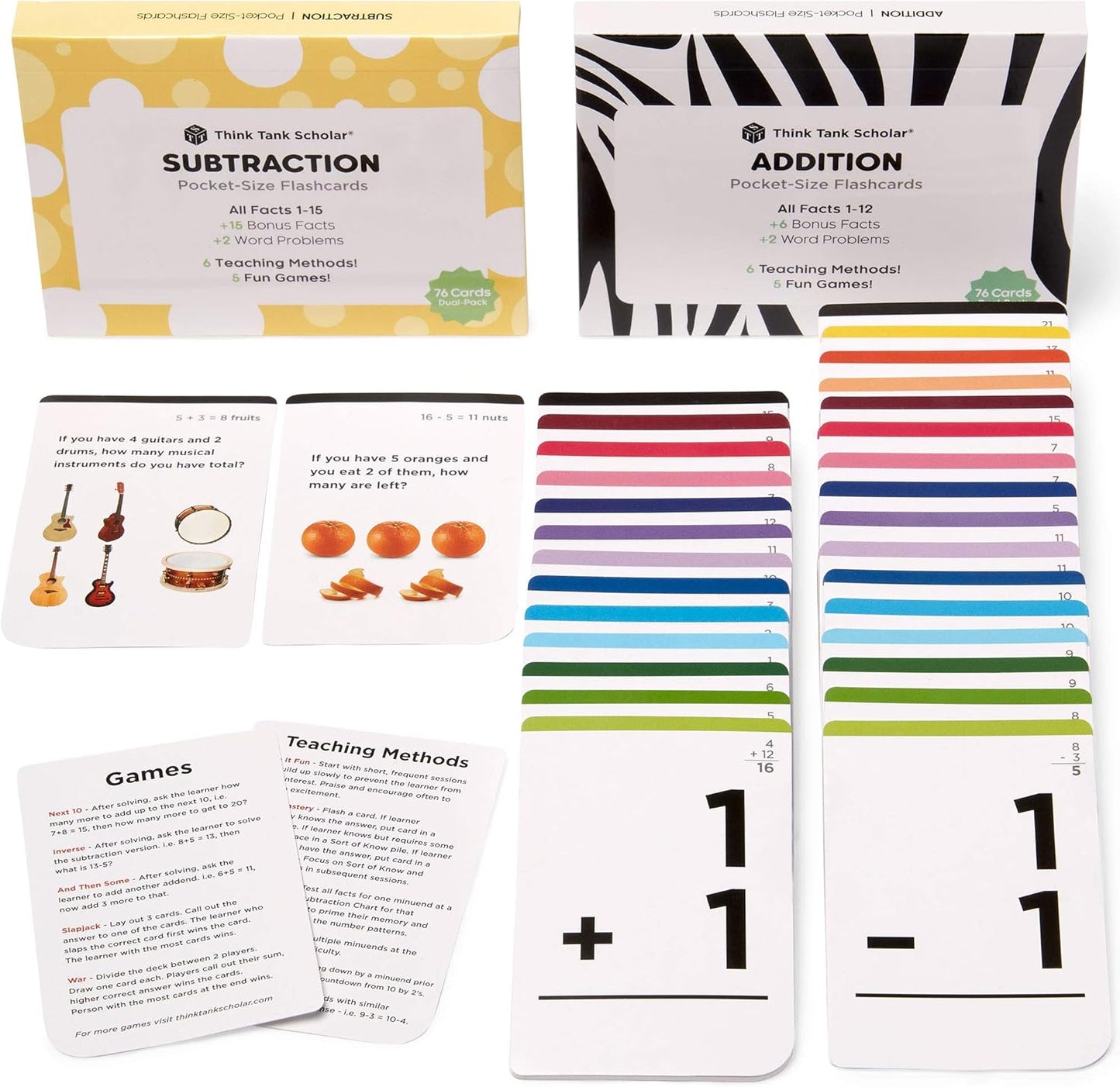 Think Tank Scholar 346 Addition and Subtraction Flash Cards Set (Award Winning) All Facts Color Coded, for Kids in Kindergarten, 1st, 2nd, 3rd Grade Class or Homeschool - Games & Chart