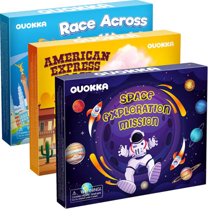 QUOKKA 3X Set Learning Board Games for Kids 8-12 - Educational Trivia Cards Ages 6-8 - Travel United States - World Map - Explore Outer Space - Gift for Children and Teens 4-8 - Jigsaw Puzzles