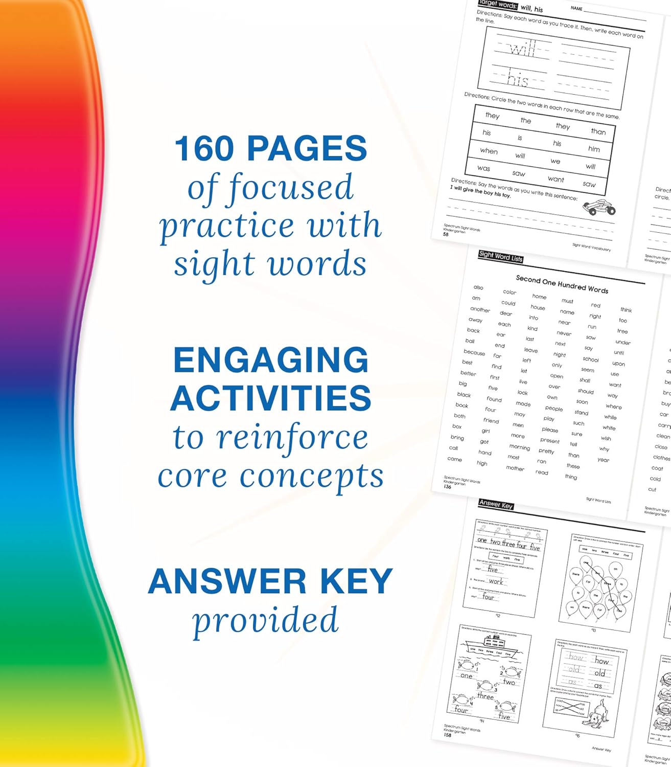 Spectrum Sight Words Kindergarten Workbooks, Phonics Book With Reading and Writing Practice, Vocabulary, Sentence Strips, and Flash Cards, Language Arts Classroom or Homeschool Curriculum