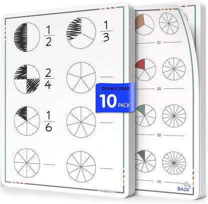 SCRIBBLEDO Fraction Manipulatives 9”x12” Small White Board Dry Erase Sheets Math Manipulatives 1st Grade Students 2nd Grade Fractions Homeschool Supplies Teacher Classroom Pack of 10 Sheets