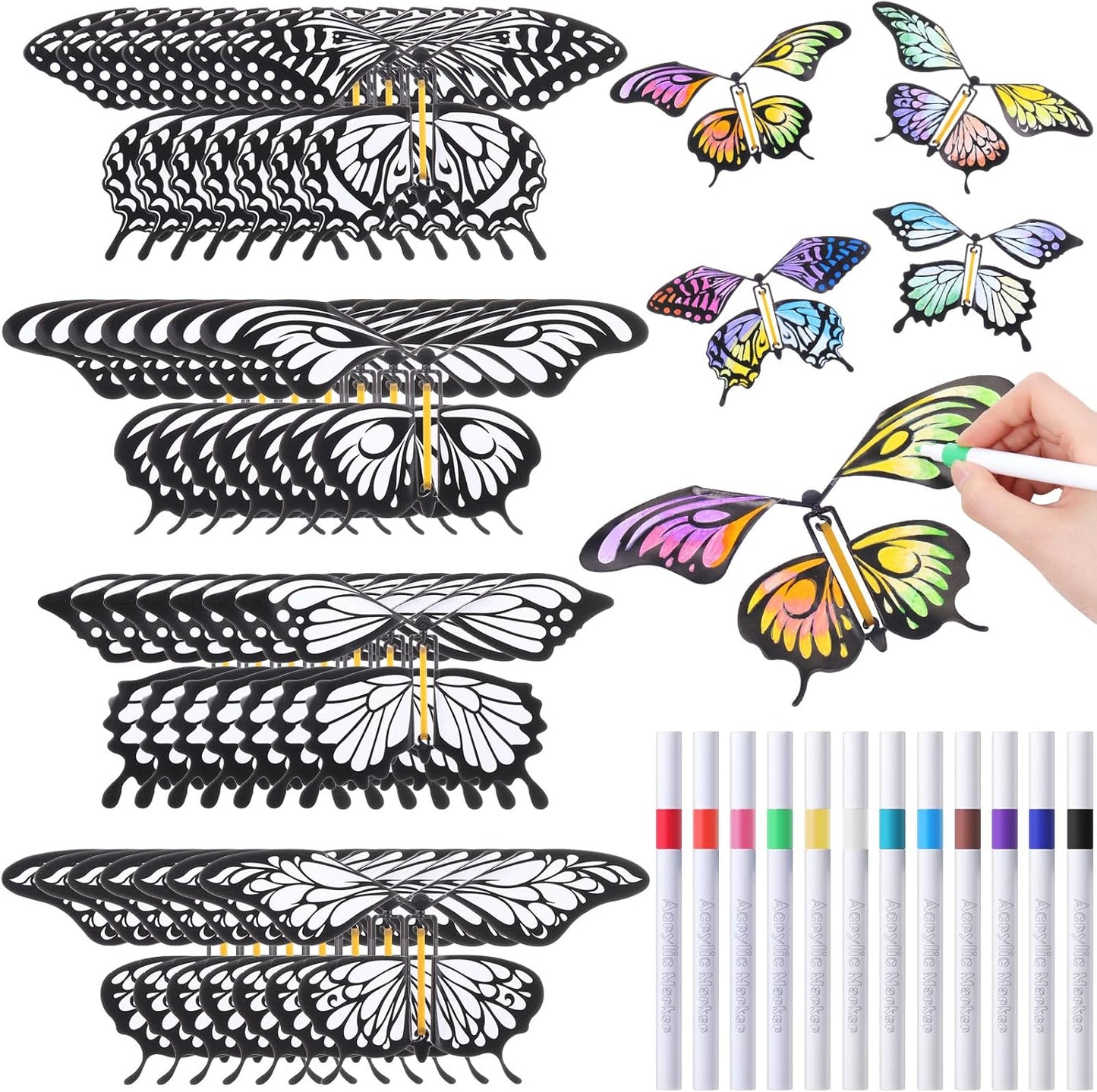 Seenelling 44 Pcs Flying Butterfly Craft Kit with 32 Wind up Butterflies and 12 Color Pens People Painting White Paper Butterflies DIY Toy for Party Game School Activity Birthday Gift (Style 3)