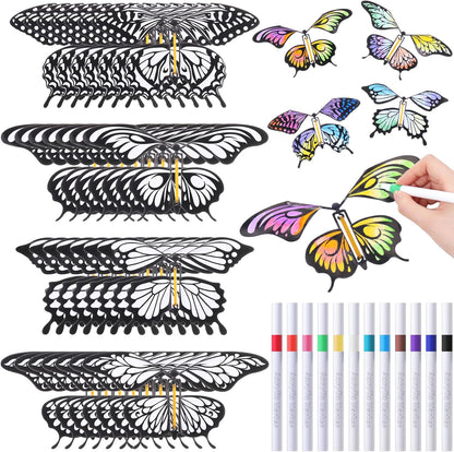Seenelling 44 Pcs Flying Butterfly Craft Kit with 32 Wind up Butterflies and 12 Color Pens People Painting White Paper Butterflies DIY Toy for Party Game School Activity Birthday Gift (Style 3)