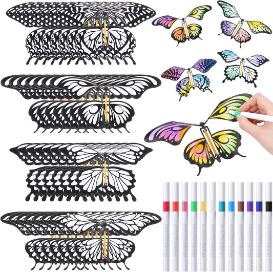 Seenelling 44 Pcs Flying Butterfly Craft Kit with 32 Wind up Butterflies and 12 Color Pens People Painting White Paper Butterflies DIY Toy for Party Game School Activity Birthday Gift (Style 3)