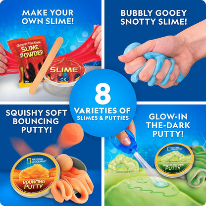 NATIONAL GEOGRAPHIC Mega Slime Kit & Putty Lab - 4 Types of Slime Plus 4 Types of Putty Including Magnetic, Slime Kit for Boys and Girls, Sensory Toy & Science Kit