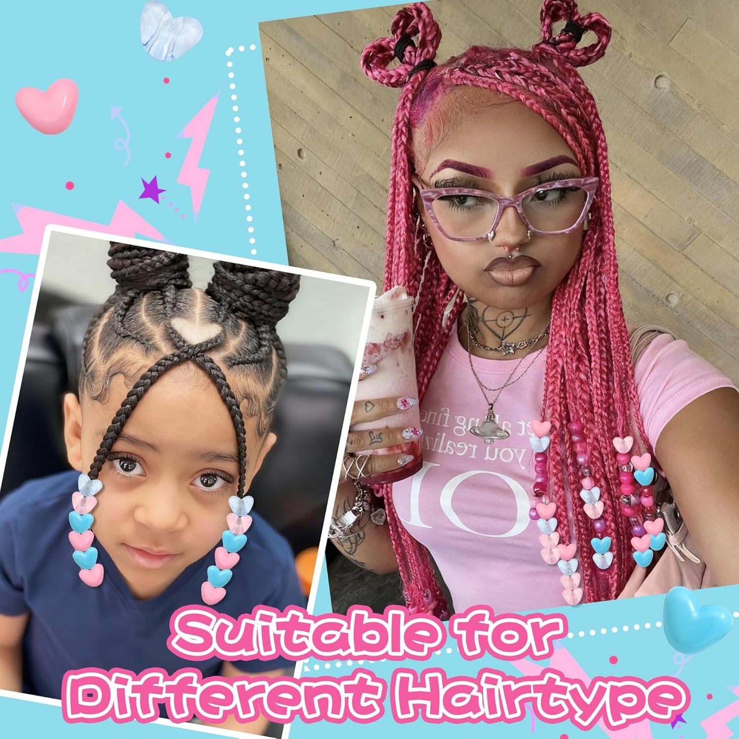 90PCS Heart Hair Beads for Braids Blue Pink Loc Dreadlock Valentine's Day Bead Accessories Purple Cute Acrylic Heart Shape Beads for Kids Girls