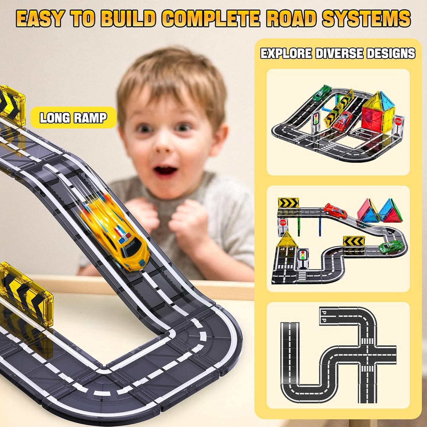 150PCS Magnetic Tiles Road Set with Marble Run, Preschool Magnet Tiles Included Magnetic Cars. STEM Magnetic Tiles for Kids, Preschool Educational Building Toys for Boys & Girls