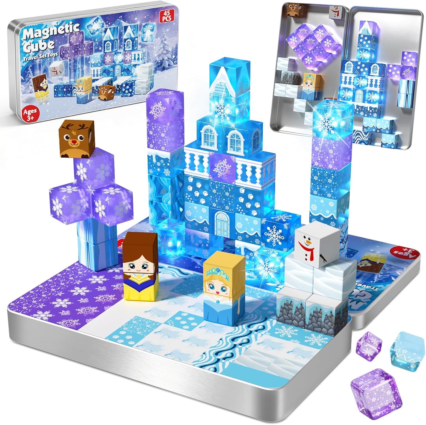 Magnetic Blocks - 100Pcs 0.8in Magnetic Building Block for Kids Ages 4-8, Transparent Magnet Block Blue Princess Castle, Magnet Cubes Tiles Princess Toy for Girl 3 4 5 6 7 8-12 Birthday Gift
