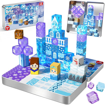 Magnetic Blocks - 100Pcs 0.8in Magnetic Building Block for Kids Ages 4-8, Transparent Magnet Block Blue Princess Castle, Magnet Cubes Tiles Princess Toy for Girl 3 4 5 6 7 8-12 Birthday Gift