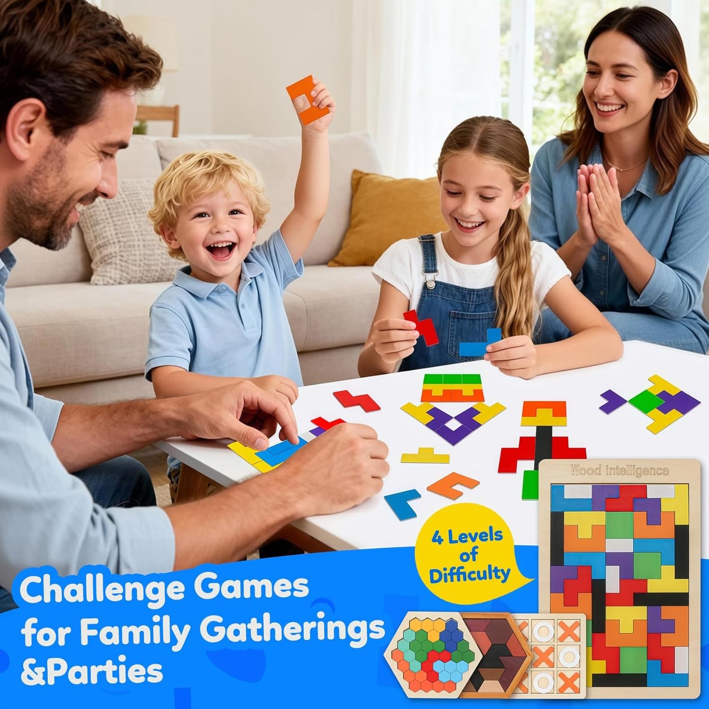 Skrtuan 5 Pack Wooden Puzzles Set - STEM Montessori Educational Board Games and Logic Traning Brain Teaser Geometric Shapes Tangram Puzzle Games for Kids Ages 3+