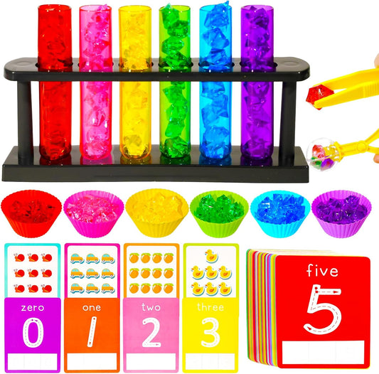 Rileryan 105 Pcs Test Tube Counting and Color Sorting Kit Sensory Bin Filler Accessories Color Matching with Acrylic Gems Crystals Sorting Bowls Cups Tools