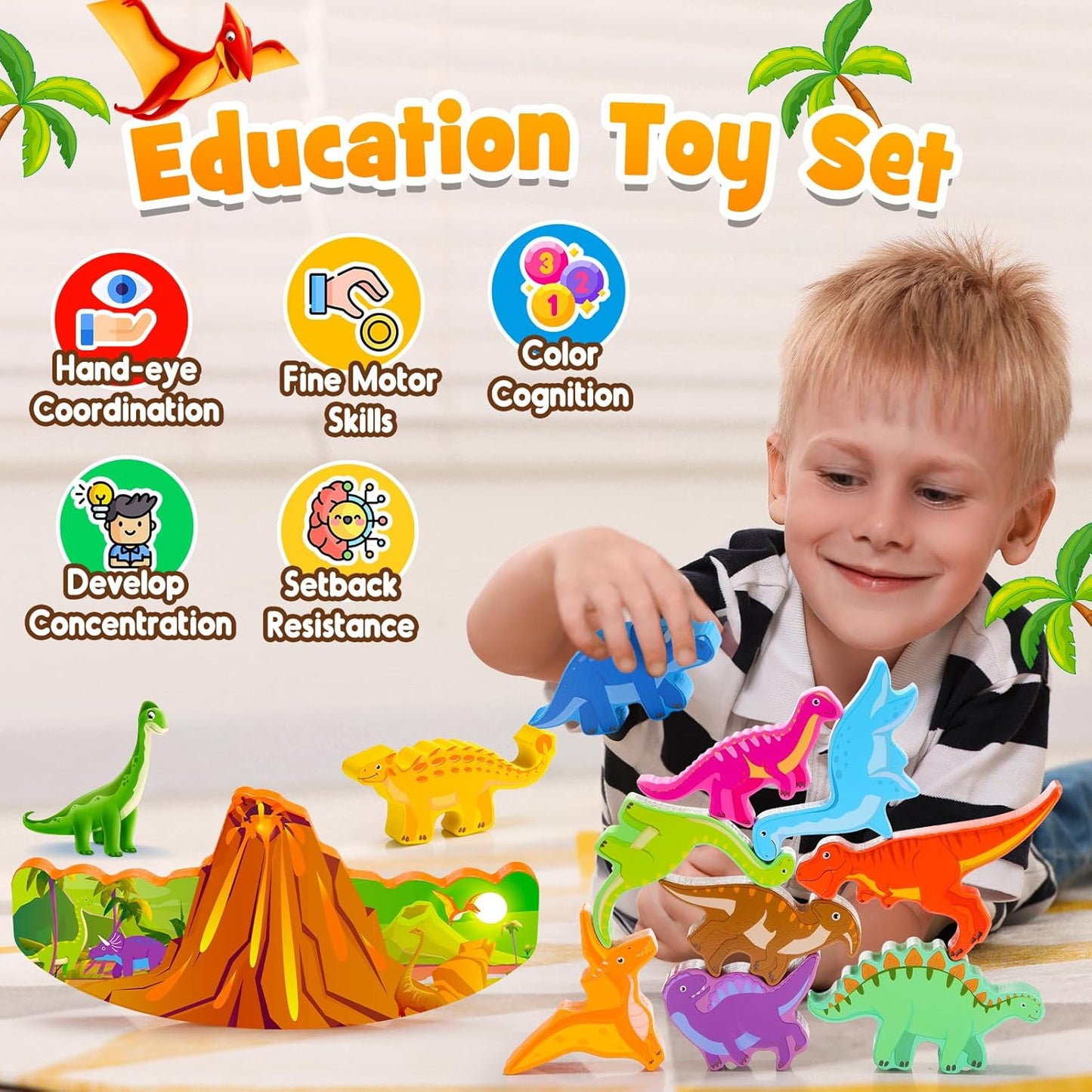 IPOURUP Dinosaur Toys for Kids 3-8 Kid Wooden Stacking Blocks Montessori Toy for 3 4 5 6 7 8 Year Old Boys Girls Christmas Birthday Gifts Toddler Balance Game Ages 3-5 Toys for Boy Girl Age 5-7