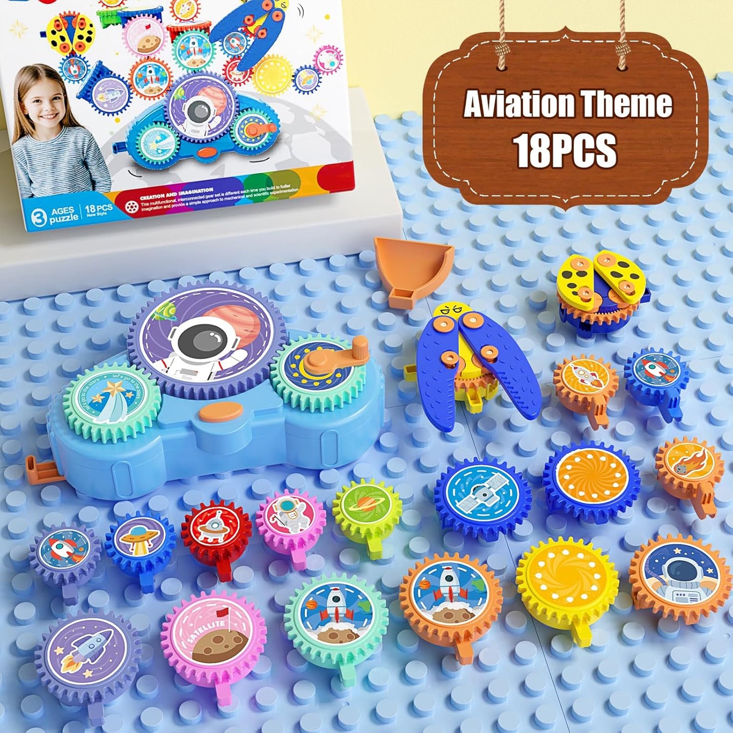 STEM Gears Toys for Kids Ages 3+, Creative Learning Building Blocks, 13Pcs Educational Construction Toy Set, Electric & Manual Dual Mode, Versatile Gear Playset Gift for Boys & Girls