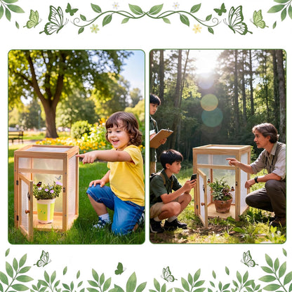 Bucherry Wooden Butterfly Habitat Cage Kit 15.7 Inch Monarch Caterpillar Enclosure with Mesh Tent & Wood Frame, Detachable Insect Observation House for Kids Outdoor Garden