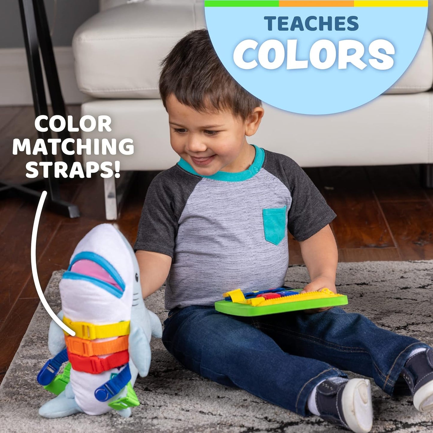 Buckle Toys - Bruce Shark Stuffed Animal - Montessori Learning Activity Travel Toy for Toddlers - Develop Motor Skills and Problem Solving