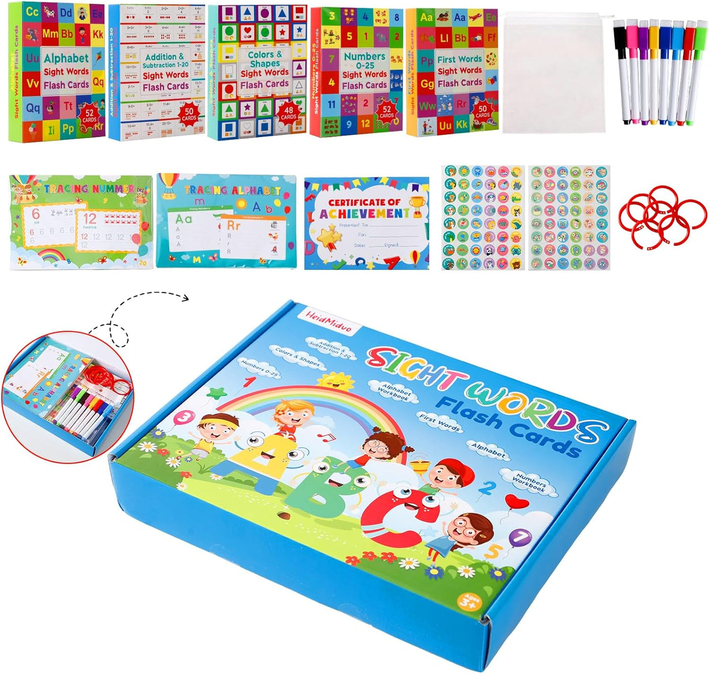 Alphabet ABC,Addition and Subtraction,Number,First Words,Shapes,Color Flash Cards 7 Set,568 Words Double-Sided Kindergarten Preschool Educational Pre k Flash Cards,Toddler FlashCards for Kids Ages 3+