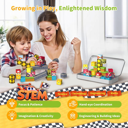 Magnetic Tiles Race Track Set, 52PCS STEM Educational Magnetic Building Blocks with 2 Race Cars, Montessori Sensory Travel Toys for Kids 3 4 5 6 7 8, Birthday for Boys & Girls