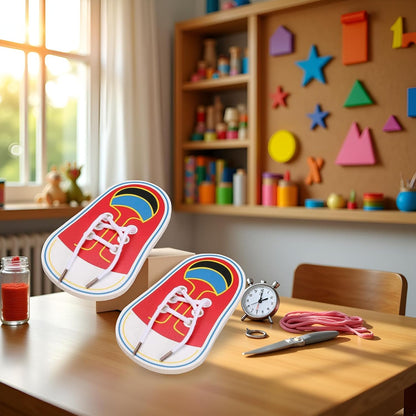 BWESOO 2 PCS Red Shoes Learning Toy Kits Learn to Tie Your Own for Kids Practical Learning Toys for Young Children Training Board Kids Toddler Early Wooden Threading Lacing Shoes Craft Kits