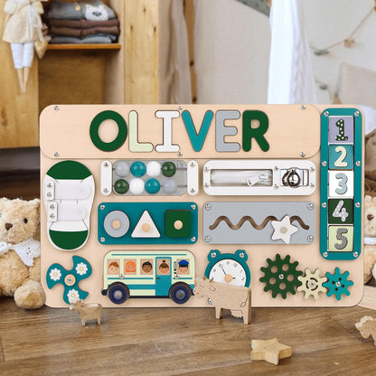 Montessori Busy Board with Personalized Name Puzzle, Wooden Sensory Activity Toy for Toddlers 1-3, First Birthday Gift