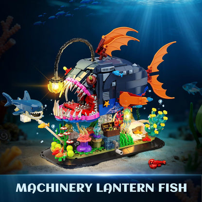 INSOON Mechanical Angler Fish Building Set with Lights, Movable Lantern Fish Building Blocks Toy with Shark Jellyfish, 1139 PCS Ocean Animal Building Kit, Home Decor Gift for Adults Teens Boys 12+