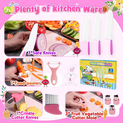 Kids Baking Cooking Set Real & Toddler Kid Apron, Kids Knife Set for Real Cooking & Basket,Food-Grade Material,Montessori Toddler Kitchen Tools, Christmas Birthday Gift for 3-10 Year Old Girls Boys