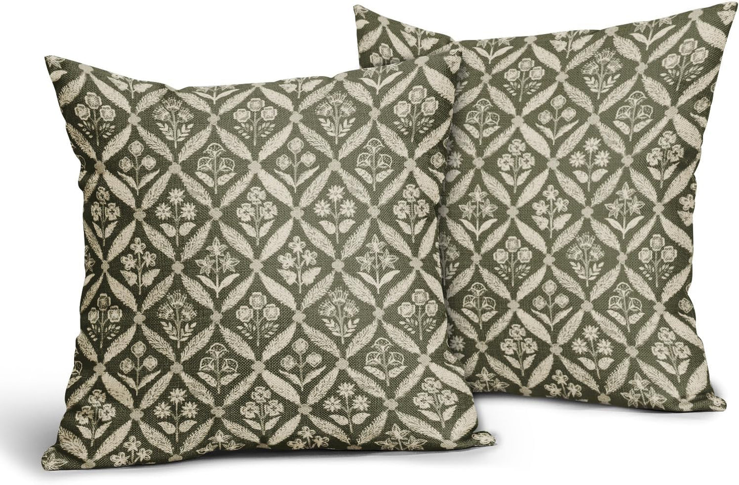 Blue Green Floral Block Print Pillow Covers 12X20 Set of 2, Flower Pattern Spring Summer Print Decorative Throw Pillow Covers Outdoor Farmhouse Seasonal Cushion Case Couch Sofa Bed Decor