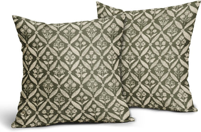 Blue Green Floral Block Print Pillow Covers 12X20 Set of 2, Flower Pattern Spring Summer Print Decorative Throw Pillow Covers Outdoor Farmhouse Seasonal Cushion Case Couch Sofa Bed Decor
