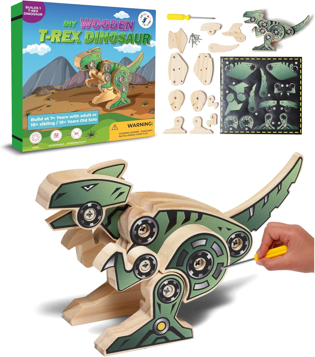 Little Jupiter DIY Wooden Kit with Stickers - Dinosaur Toys for Kids for 7-12 Yrs - Dinosaur Toy Woodworking Kits - Wood Crafts - Kids Building Kit - Wooden Crafts (Stegosaurus)