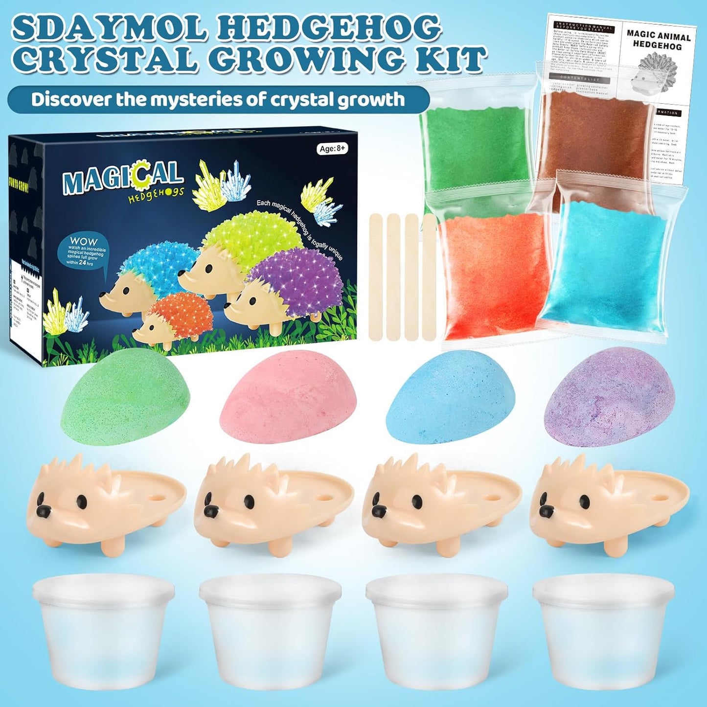 sdaymol Crystal Growing Kit for Kids - 2 Colors Hedgehog to Grow Fast in (24H),Science Experiments Learning & Educational Toys,Science Kits for Kids Age 8-12 STEM Project Gifts for Boys & Girls 6+