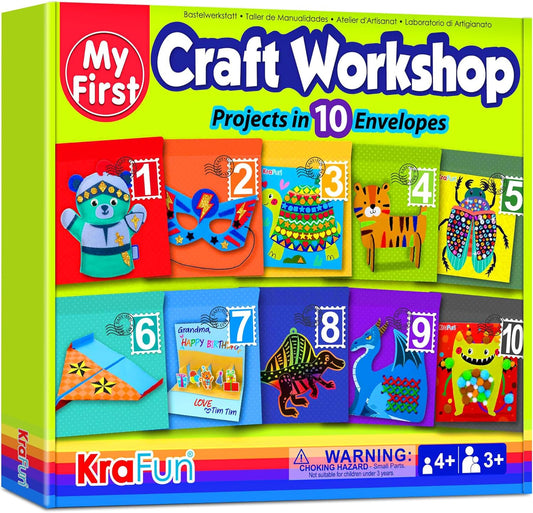 KRAFUN Toddler Art and Craft Kit, Preschool Educational Activities with 10 Envelope Projects - Origami, Puppets, Lacing & Pompoms, Creative DIY Gifts for Boys and Girls Ages 3-5