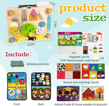 Adena Montessori Busy Board Box for Toddlers 2-4, 6 in 1 Montessori Toys for 1 Year Old with Drawing Board, Quiet Book, Puzzles, Sensory Toys for Fine Motor Skills, Learning Toys for Travel
