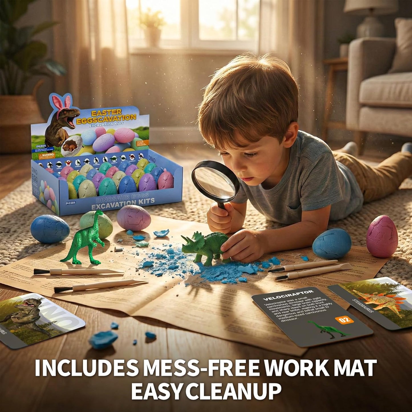 24 Dinosaur Eggs Dig Kit Toys for Kids, Dinosaur Eggs Excavation Kit with Magnifier, Easter Basket Stuffers, Science STEM Birthday Party Favors Gifts for Boys Girls Age 3 4 5 6 7 8 9 10 + Years Old