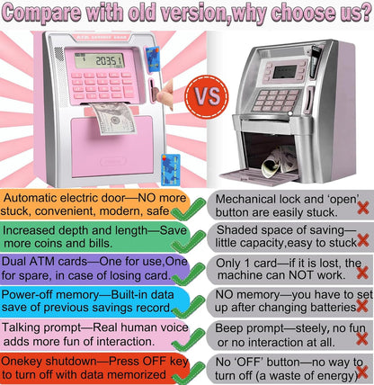Fishboy Talking Pink ATM Piggy Bank for Kids with Dual Debit Cards, Power-Off Memory, Auto-Opening Drawer for Real Money for Girls, Onekey Shutdown, Bill Feeder, Coin Recognition, Balance Calculator