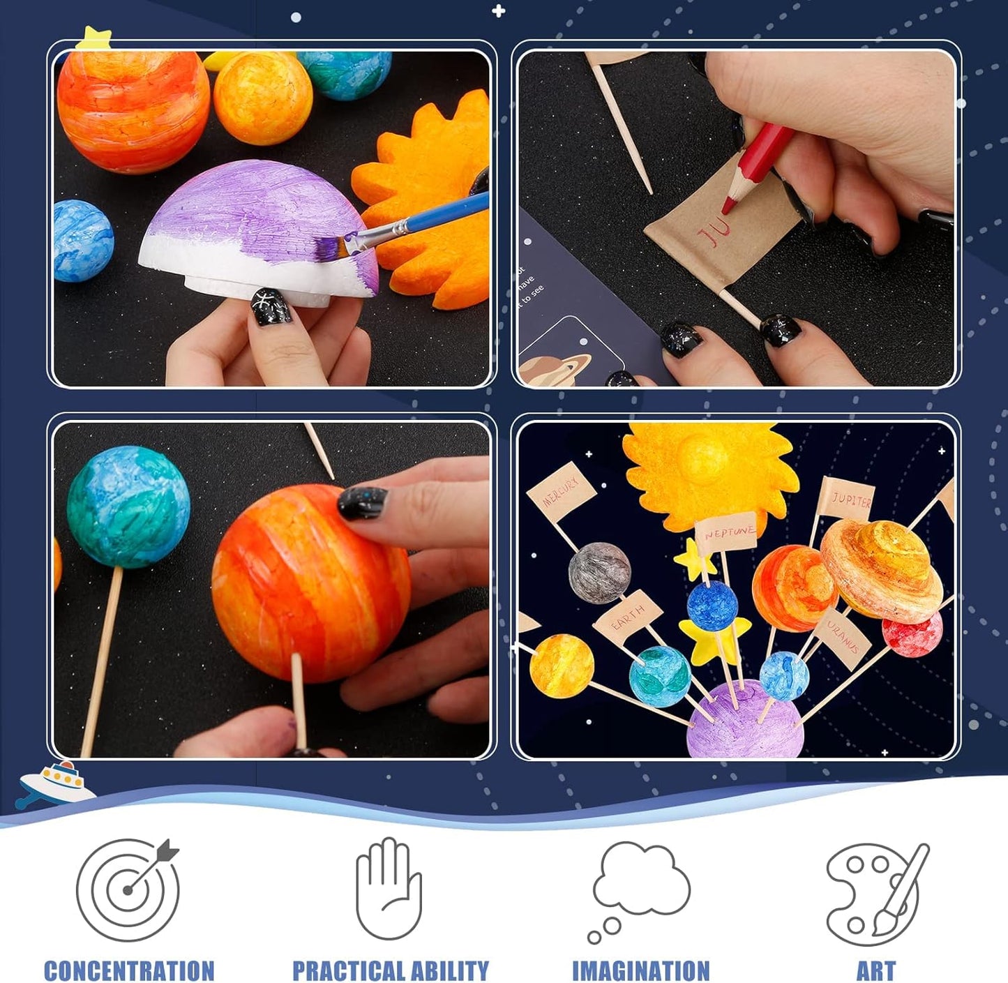 Pllieay Solar System Model Foam Ball Kit Includes 14PCS Mixed Sized Polystyrene Spheres Balls, 12PCS Bamboo Sticks, 12 Color Pigments, 2PCS Painting Brushes for School Science Projects