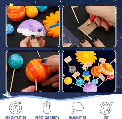 Pllieay Solar System Model Foam Ball Kit Includes 14PCS Mixed Sized Polystyrene Spheres Balls, 12PCS Bamboo Sticks, 12 Color Pigments, 2PCS Painting Brushes for School Science Projects