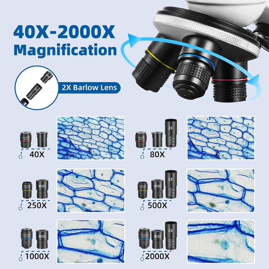 Fitense Microscope for Adults Kids,40X-2000X Monocular Microscope Kit for Home School Lab, 2 LED Lights & 5 Colors Kids Microscope with Phone Holder,10 Specimen Slides,20 Slides,100 Coverslips, Bag
