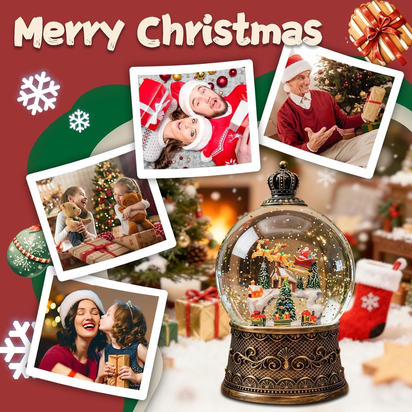 Christmas Snow Globes Lantern, Church and Christmas Tree Christmas Decorations Indoor, 6H Timer Battery & USB Powered Light Up Musical Snow Globes for Kids Women Adults Gift Thanksgiving Home Decor