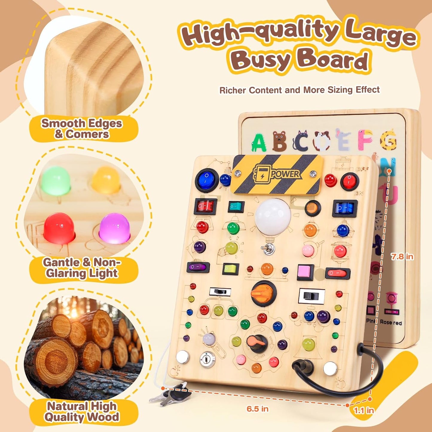 Busy Board with LED Light Switches, Montessori Toys for 1 2 3 Years Old, Toddlers Wooden Toy Sensory Activity Board, Travel Toys for 1+ Year Old Boy & Girl Birthday Gift