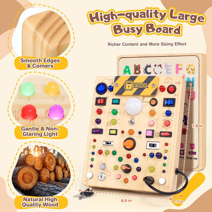 Busy Board with LED Light Switches, Montessori Toys for 1 2 3 Years Old, Toddlers Wooden Toy Sensory Activity Board, Travel Toys for 1+ Year Old Boy & Girl Birthday Gift