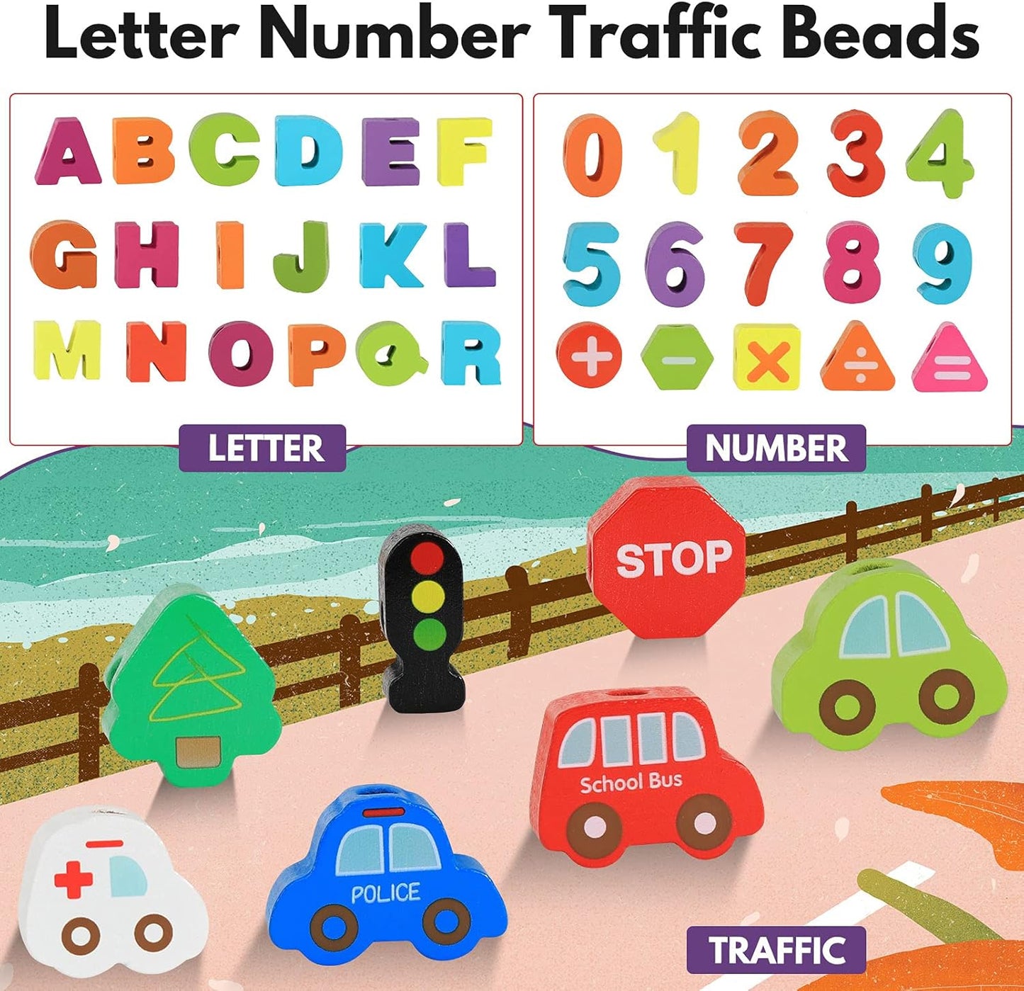 BMTOYS Montessori Educational Threading Toys Wooden Stringing Farm Animals Fruits Lacing Beads Preschool Toy for Toddler 3 4 5 Year Old Boys Girls