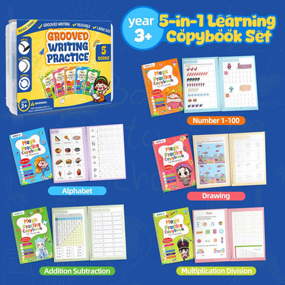 Magic Grooved Writing Practice Books for Kids Age 3-5 6-8, Reusable Large Size Grooved Writing Practice Copybooks, Handwriting Practice, Kids Writing Helper
